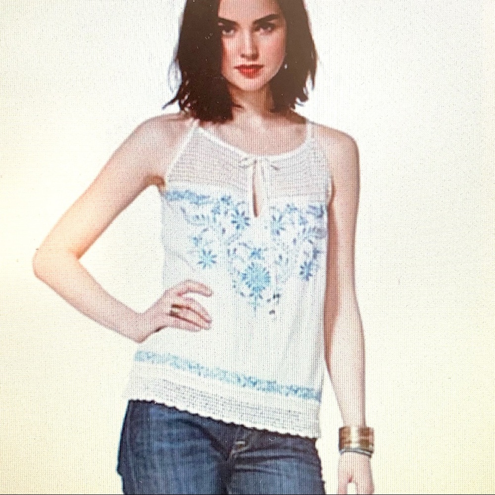Lucky Brand White Tank Top with Blue Floral Embroidery